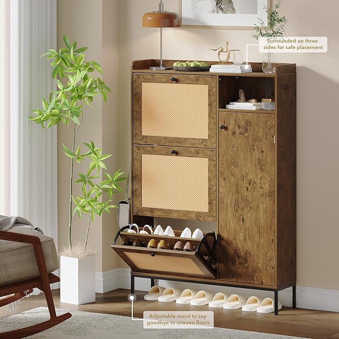 Rattan Wooden Shoe Cabinet, Freestanding 3-Flip Drawer Shoe Storage Organizer - Image 3