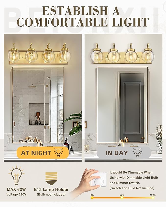 Beionxii 4-Light Bathroom Vanity Light Fixtures, 3 Light Brushed Gold Bathroom - Image 3