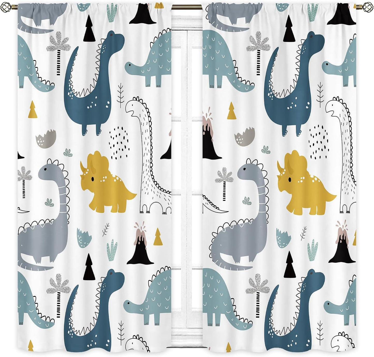 Dinosaur Kids Cartoon Dino Baby Boys Living Room Bedroom Window Curtains | 42"W x 45"L Cute Safari; fade-proof print, 2 panels, rod pocket, easy to install and washable.