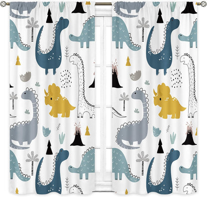 Dinosaur Kids Cartoon Dino Baby Boys Living Room Bedroom Window Curtains | 42"W x 45"L Cute Safari; fade-proof print, 2 panels, rod pocket, easy to install and washable.