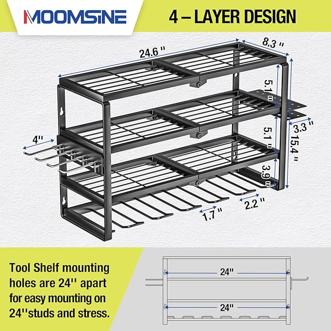 4 Layer Power Tool Organizer Wall Mount, Battery Tools Holder - Image 2