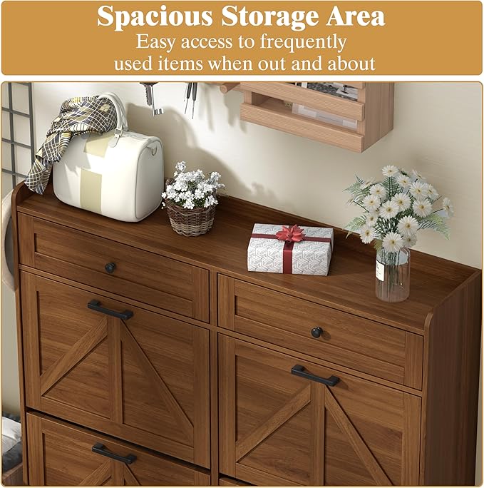 Shoe Cabinet with 4 Flip Drawers & 2 Storage Drawers, Rustic Farmhouse Narrow - Image 4