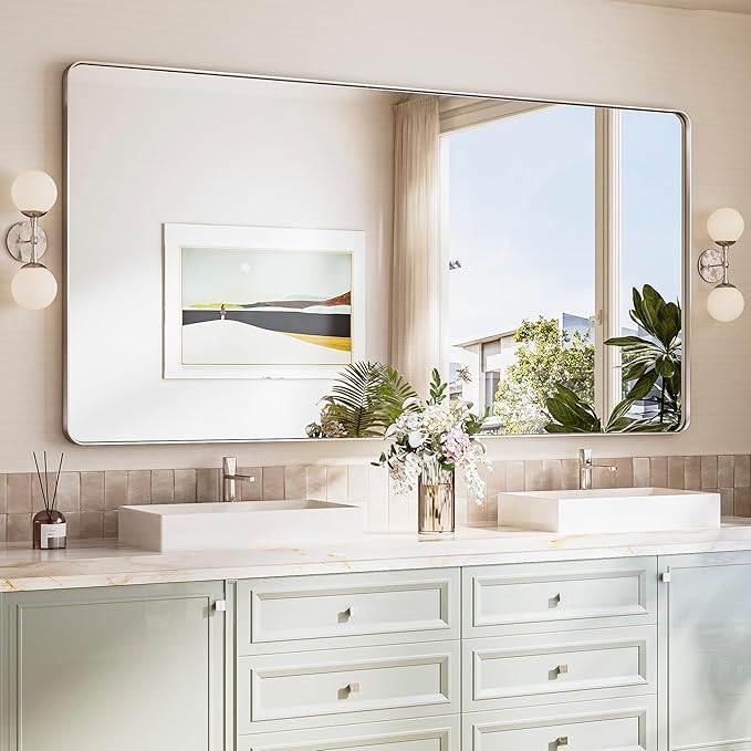 TokeShimi 72x36 Brushed Nickel Bathroom Mirror, Tempered Glass, Bathroom Wall by RefinedBathroomAccessories