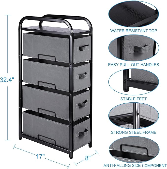 MAX Houser 4 Drawer Narrow Dresser Fabric Storage Tower Vertical Slim Storage - Image 3