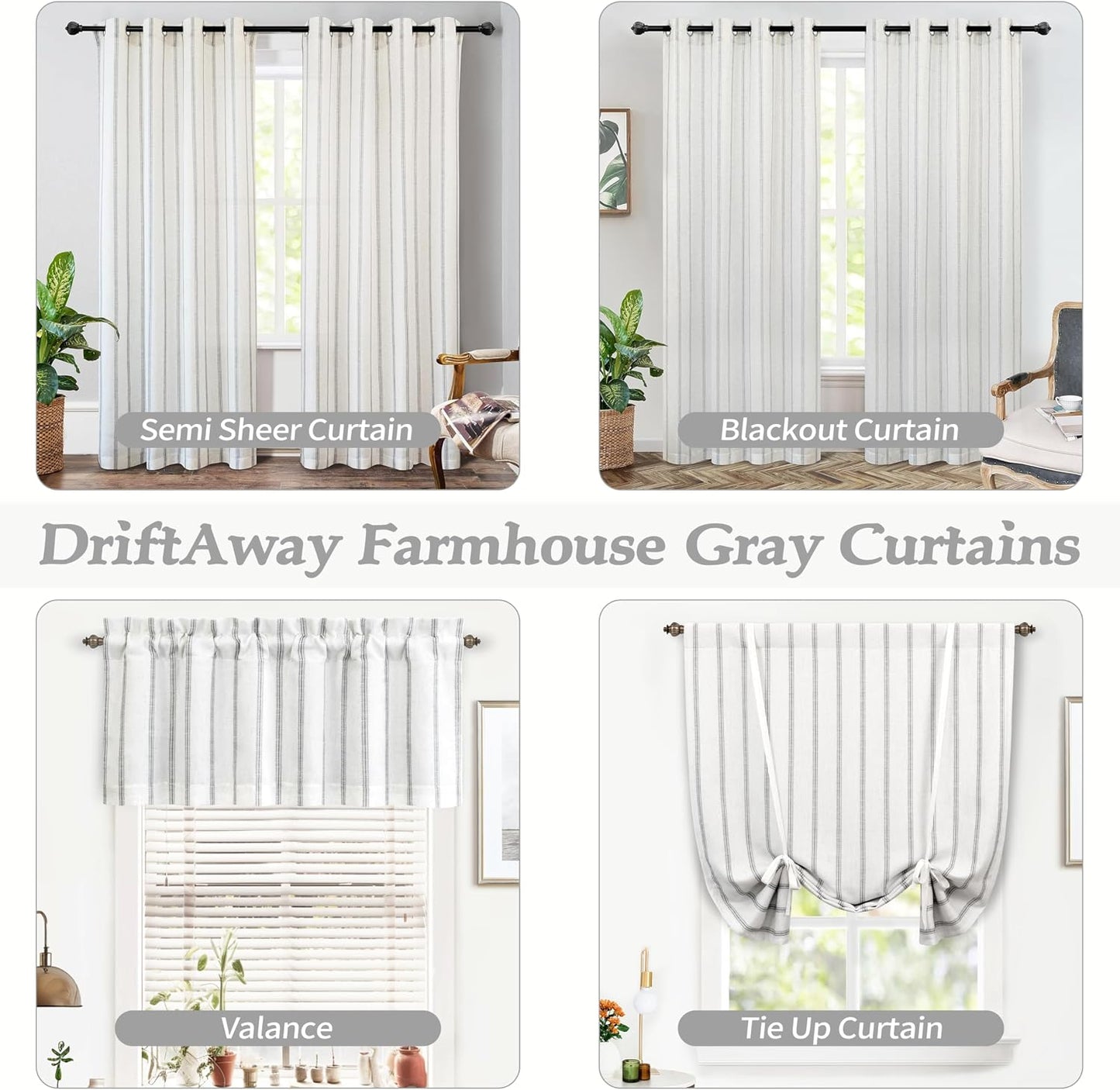 DriftAway Farmhouse Double Layer Linen Blackout Tie Up Curtains Thermal Insulated Vertical Striped Fully Lined Balloon Roman Shade Bathroom Window Adjustable Rod Pocket 45 Inch by 63 Inch Gray