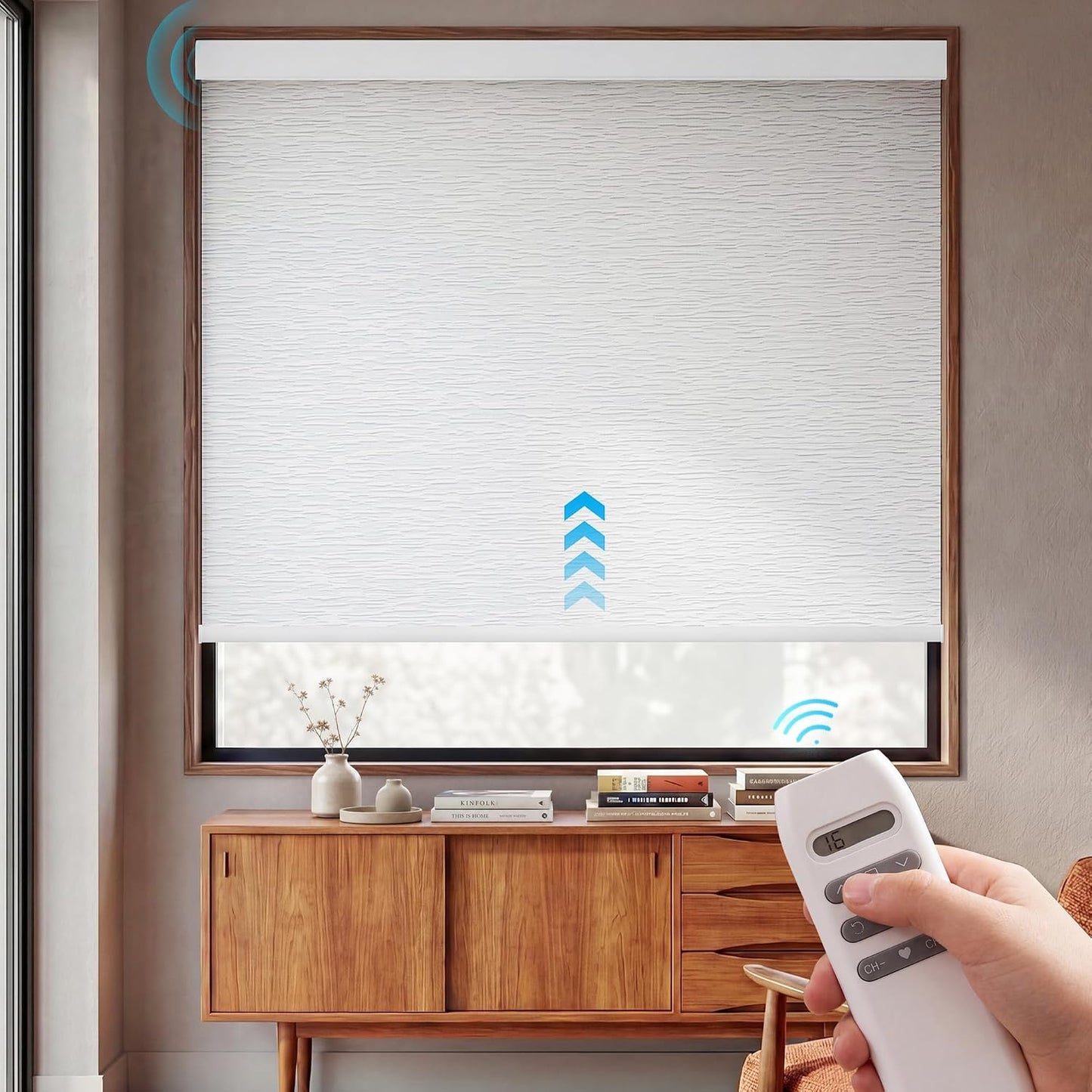 Motorized Blinds with Remote, 100% Blackout Electric Roller Shades | 31"W x 72"H, Jacquard White, Automatic Blinds Work with Alexa/Google, Cordless Smart Roller Shades for Indoor Windows