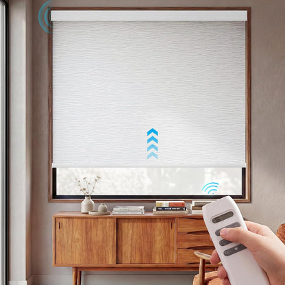 Motorized Blinds with Remote, 100% Blackout Electric Roller Shades | 31"W x 72"H, Jacquard White, Automatic Blinds Work with Alexa/Google, Cordless Smart Roller Shades for Indoor Windows