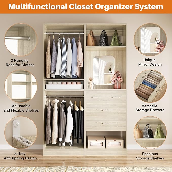 Unikito 50” Closet System with 4 Drawers, 4.2FT Wood Closet Organizer with - Image 2