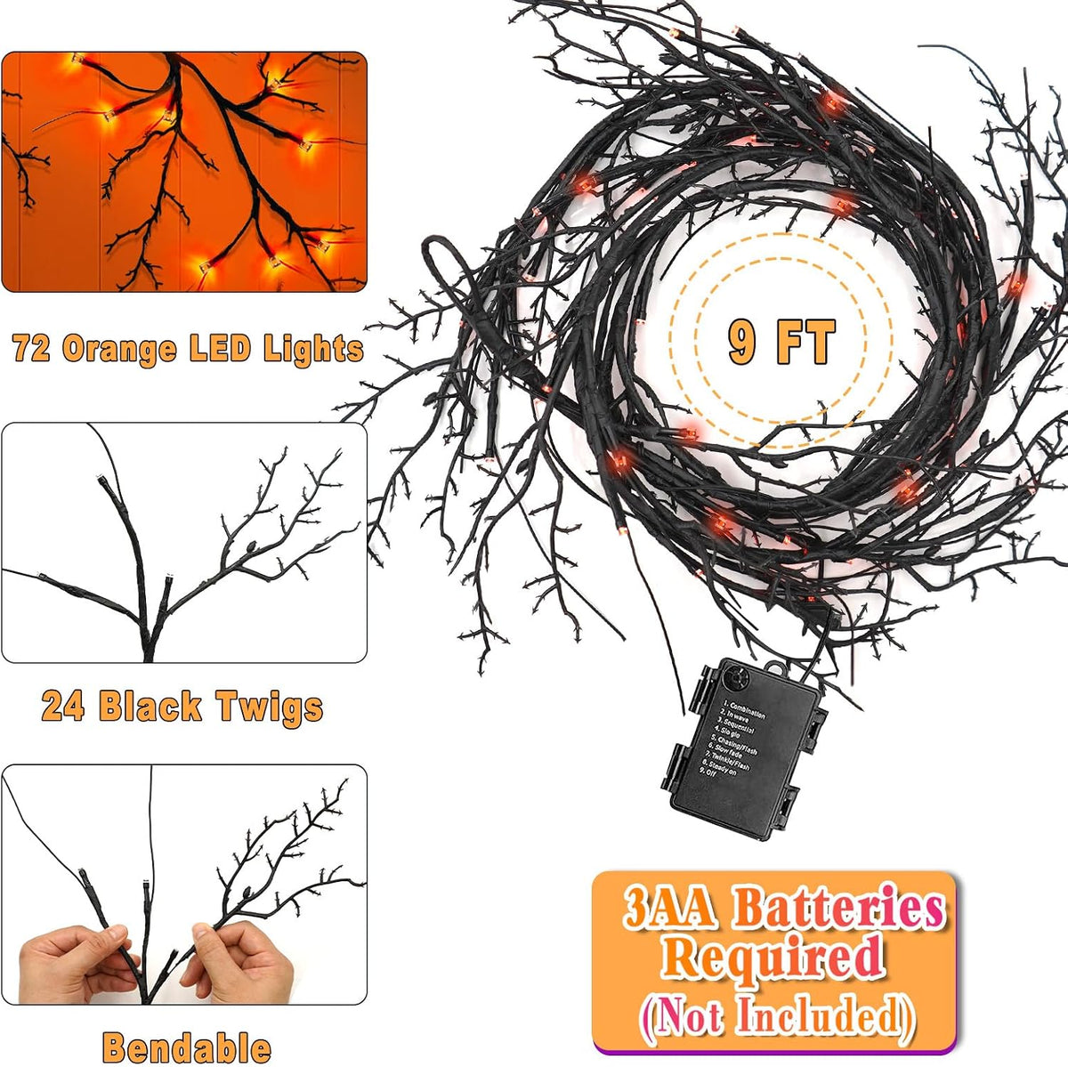 [8 Modes & Timer] 9 Ft Halloween Garland Willow Vine Twig Decor with 72 L...