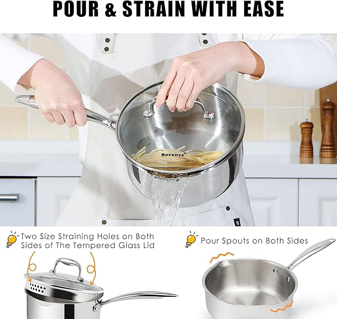 Rorence 3-Quart Saucepan with Lid: Pour and Strain Stainless Steel Sauce Pan - Image 4