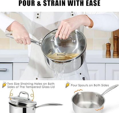 Rorence 3-Quart Saucepan with Lid: Pour and Strain Stainless Steel Sauce Pan - Image 4