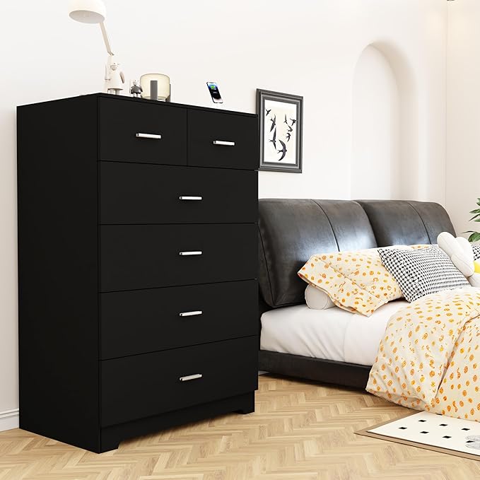 Dresser with Power Outlets Wooden 6 Drawer Dresser with Large Organizer Black - Image 9