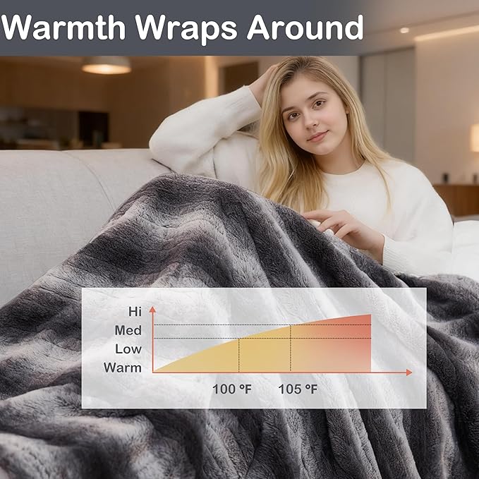 Electric Heated Blanket Throw Size 50"x60", Fast Heating Throw, Plush Faux Fur - Image 3