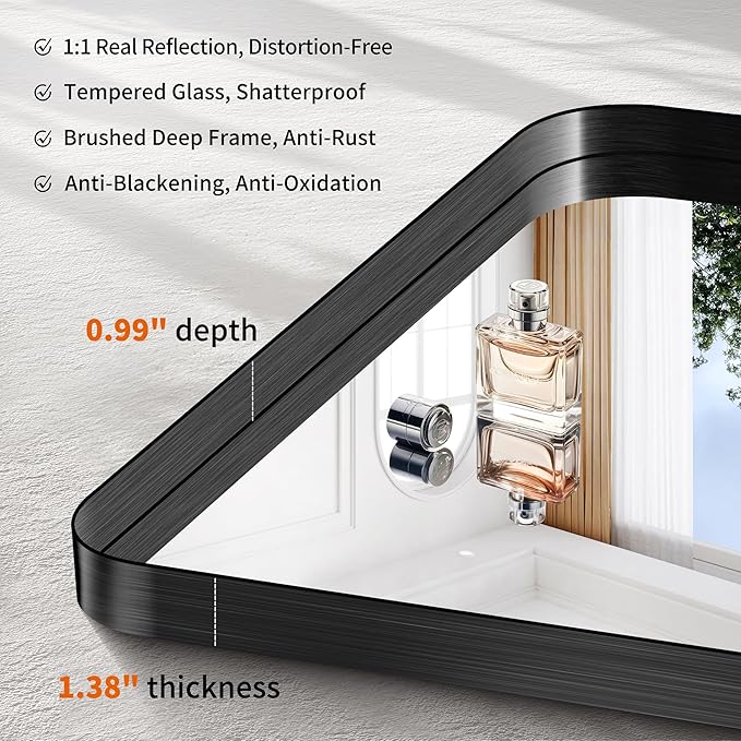 CIRCUMI Black Bathroom Mirror, Rounded Corner, Tempered Glass, Large Mirror - Image 3