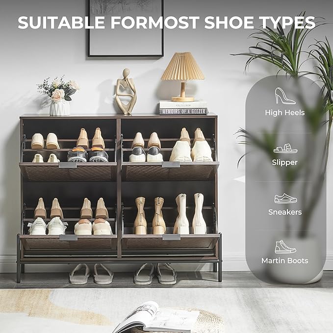 Shoe Cabinet Storage with 4 Flip Drawers, Narrow Hidden Shoes Organizer Cabinet - Image 3