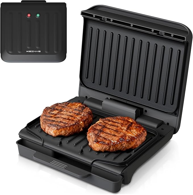2-Serving Electric Grill and Panini Press, Tough Non-Stick Coating, Drip Tray by KEINVE