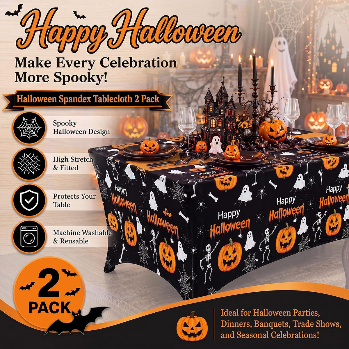 Moukeren 2 Pack Halloween Pumpkin Ghost Spandex Tablecloth 6ft Stretch Table ...