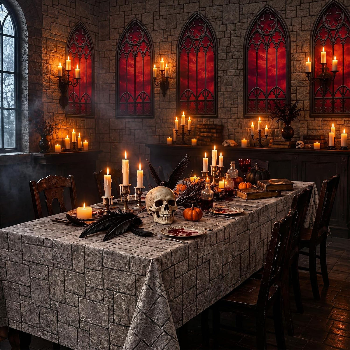 Tegeme 200Ft x 54 in Halloween Gothic Backdrop Roll Castle Brick Tablecloth