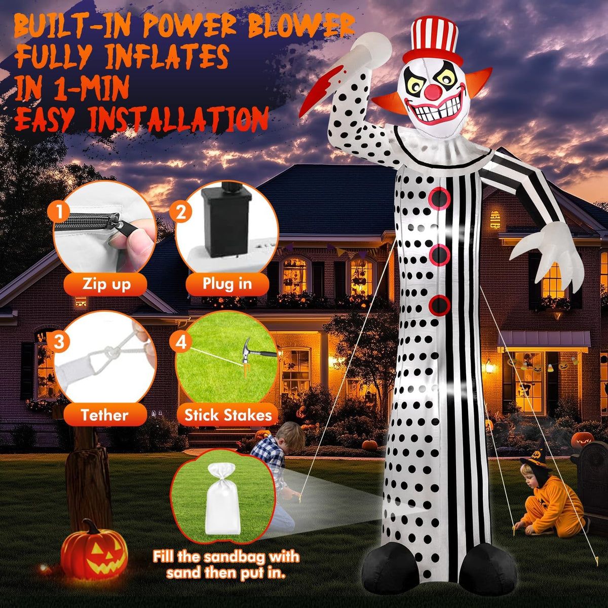 zukakii 12Ft Giant Halloween Inflatables Creepy Clown, Huge Halloween Decorat...