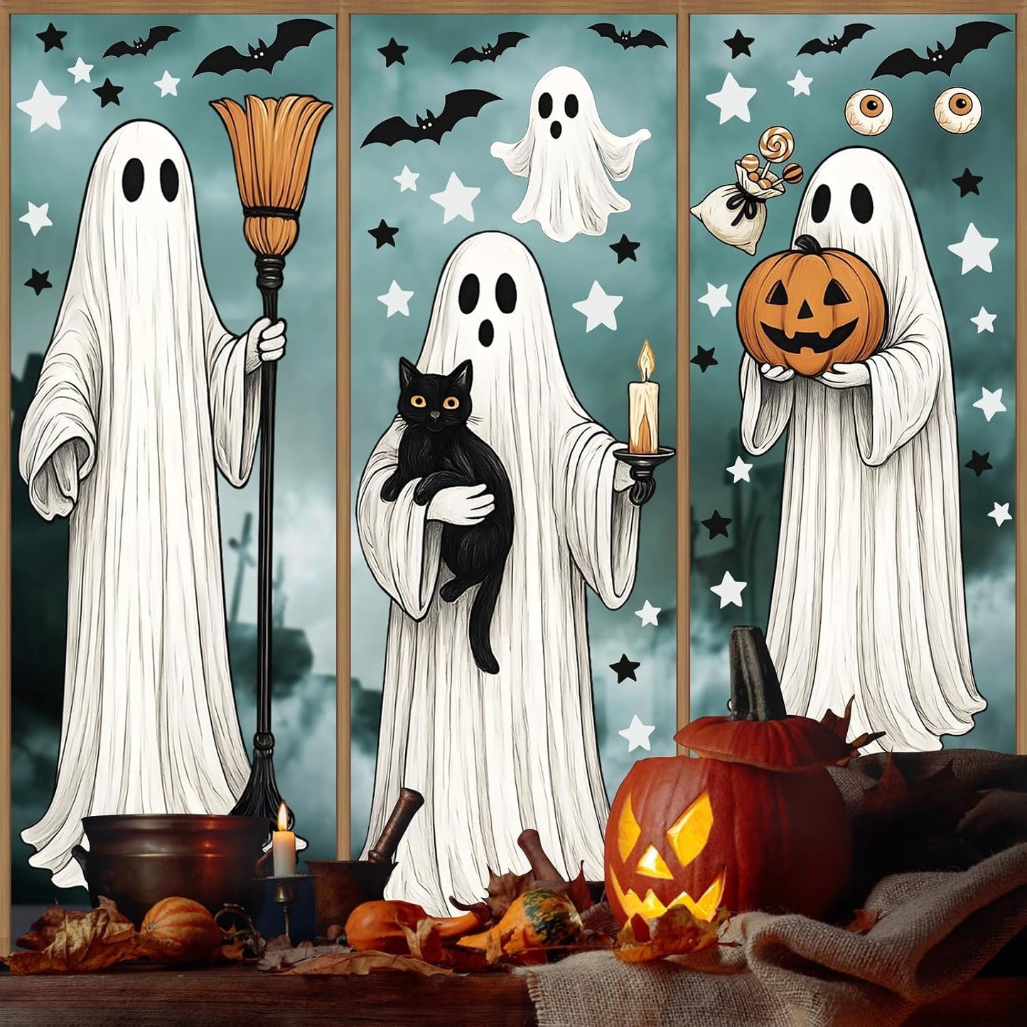AhfuLife Large Halloween Ghost Window Clings Decorations, 12.6 x 35.4 inc, 4 Sheets Big Spooky Ghost Window Stickers Double Side Reusable Decals for Halloween Home Party Indoor Decorations