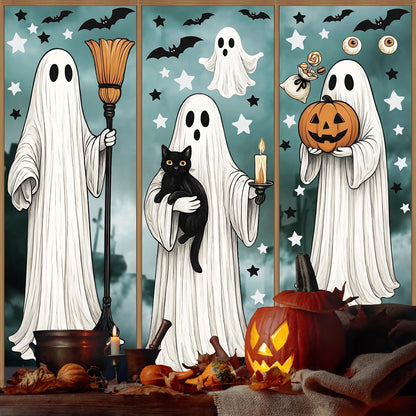 AhfuLife Large Halloween Ghost Window Clings Decorations, 12.6 x 35.4 inc, 4 Sheets Big Spooky Ghost Window Stickers Double Side Reusable Decals for Halloween Home Party Indoor Decorations