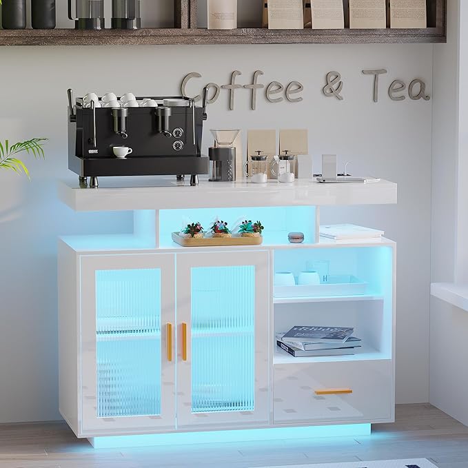 40" Wood LED Coffee Bar with Wireless Charging Station, Kitchen Storage Cabinet - Image 3