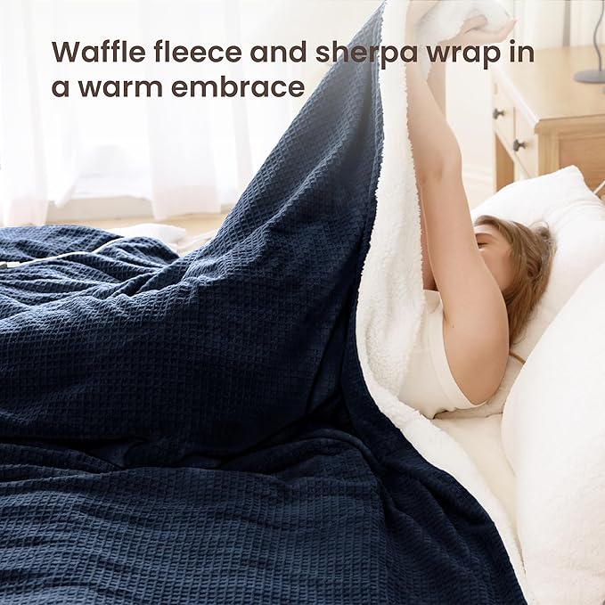 Heated Blanket Electric Blanket Queen Waffle, 84x90 Inches Sherpa Fleece Fast - Image 3