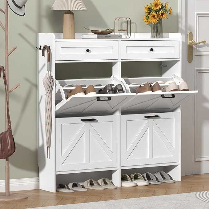 Shoe Cabinet with 4 Flip Drawers & 2 Storage Drawers, Rustic Farmhouse Narrow by Thacuok