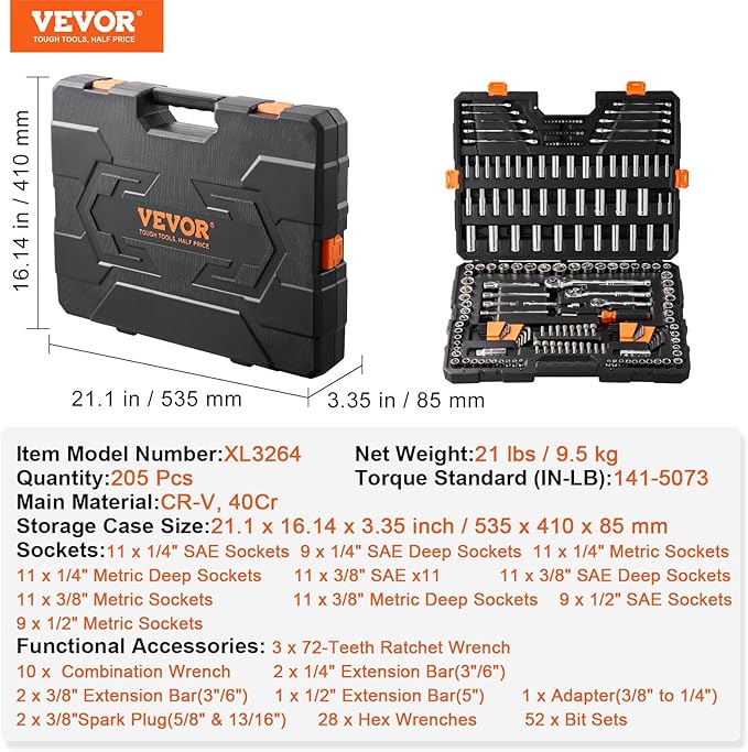 VEVOR Mechanics Tool Set, 1/4" 3/8" 1/2" Drive Deep and Standard Sockets - Image 6