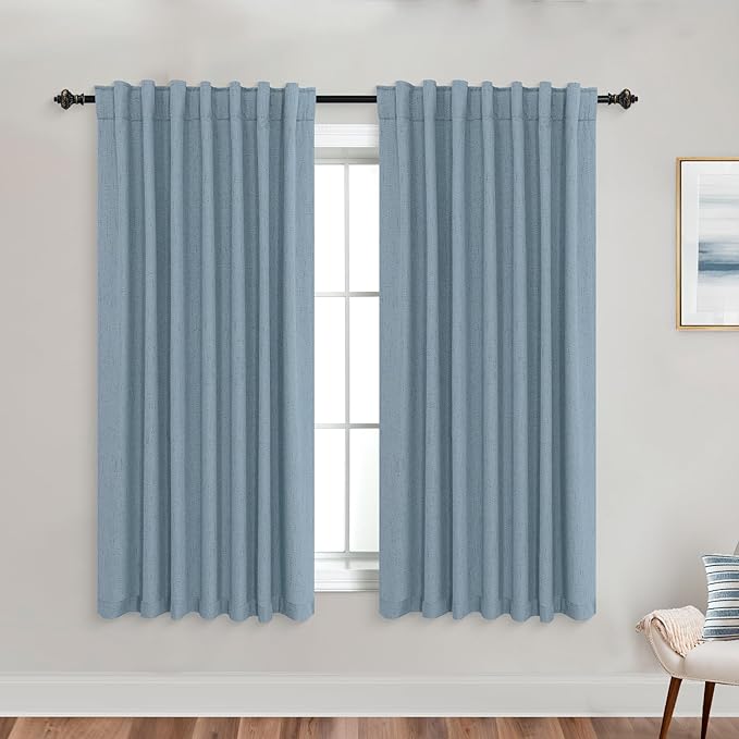 KOUFALL Bathroom Curtains Window, Calming Coastal Dusty Blue Linen Blackout by KOUFALL