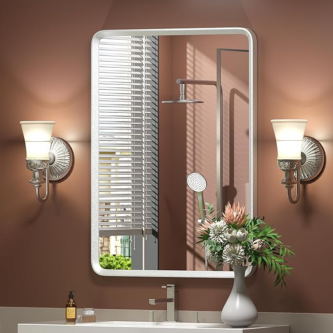 20x30 Inch Silver Framed Mirror, Brushed Nickel, Rounded Rectangle Mirror by GOLOMO