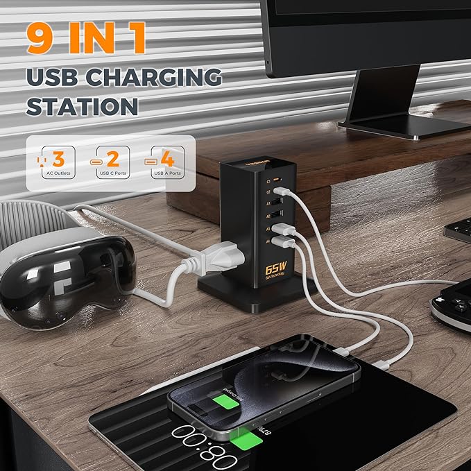 USB Charging Station for Multiple Devices PD 65W, TESSAN 9-in-1 USB C Charger - Image 4