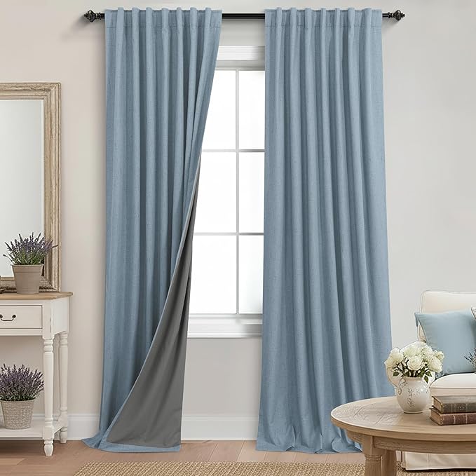 KOUFALL Light Blue Blackout Curtains 96 Inch Long 2 Panel Set, Linen Textured by KOUFALL