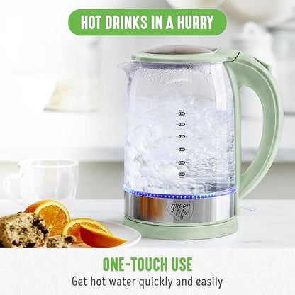 GreenLife 1.7 Liter Glass Electric Kettle, Easy One Touch Use, Quick Heating - Image 2