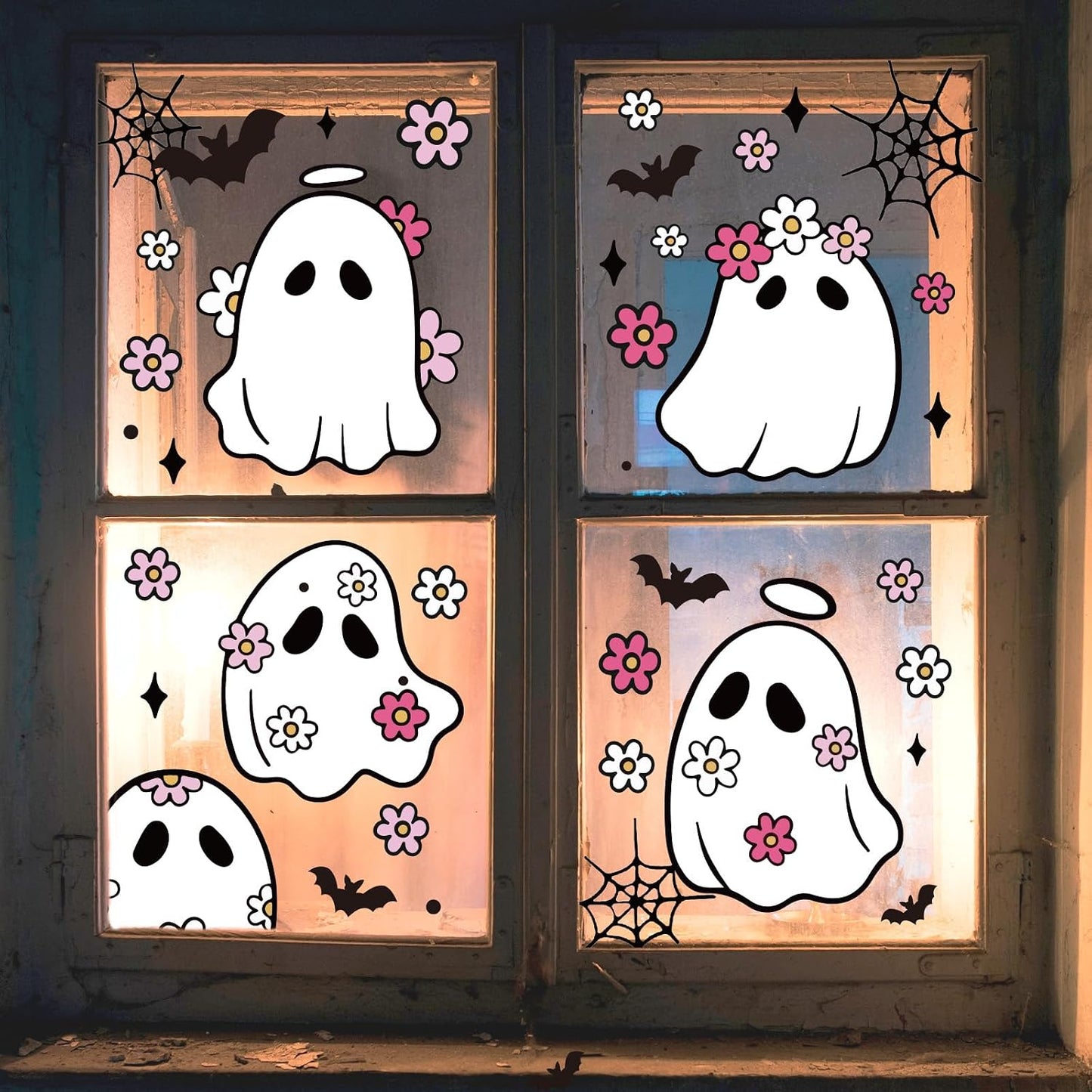 JarThenaAMCS 84Pcs Halloween Window Clings Floral Ghost Window Stickers Cute Double-Side Glass Decals for Home Party Favor Supplies, 7.9 x 11.8 Inch, 9 Sheets