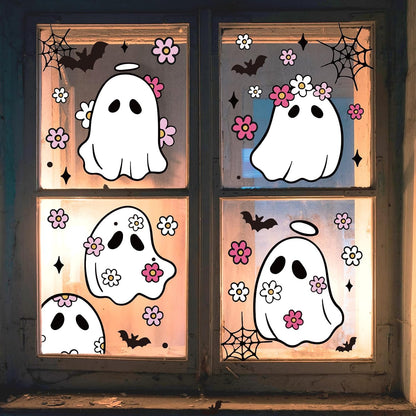 JarThenaAMCS 84Pcs Halloween Window Clings Floral Ghost Window Stickers Cute Double-Side Glass Decals for Home Party Favor Supplies, 7.9 x 11.8 Inch, 9 Sheets