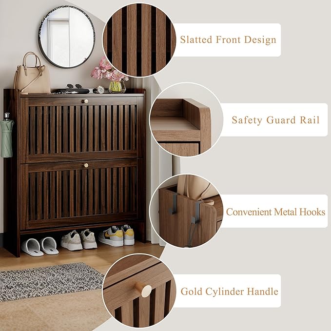wanan 31.5" Shoe Cabinet with 2 Flip Slatted Drawers, Adjustable & Removable - Image 4