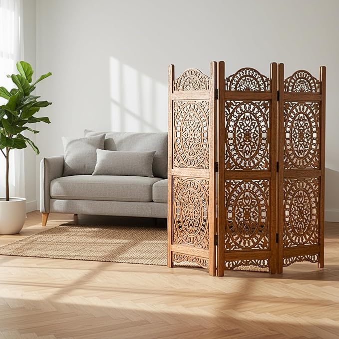 Lightnpro Wood Heart Design Handmade Hinged Foldable Partition 4 Panel Room - Image 2