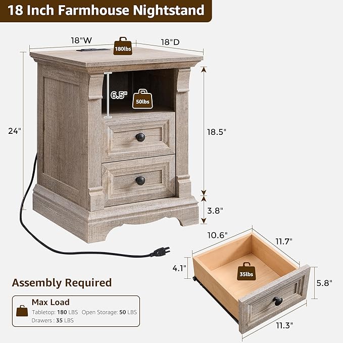 T4TREAM Farmhouse Nightstand Set of 2, Wood End Table w/Roman Column, Bedside - Image 3