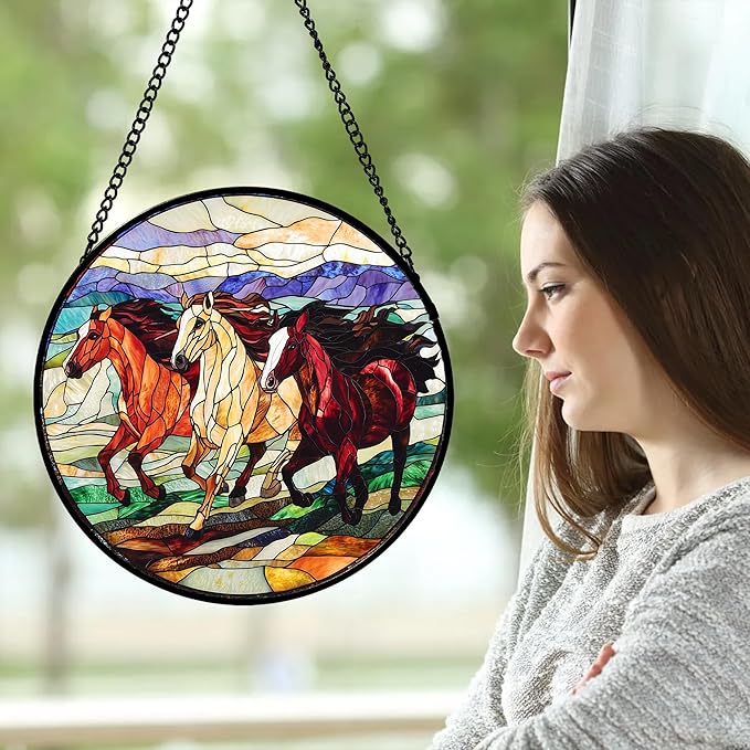 DASTOLL Stained Glass Window Hanging, Colorful Landscape Running Horse - Image 3