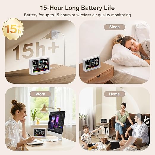 Upgrade 16 in 1 Air Quality Monitor Indoor 15h Battery & 5.5" Display 9 AQI+7 - Image 2
