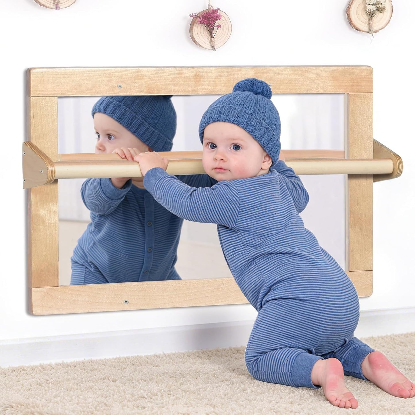 Baby Montessori Non-Shatter Sensory Safety Mirror w/ 2 Pull Up Bars | Exquisitely Crafted Solid Birch Wood Frame, Infant Coordination Small Mirror For 6-18 Months