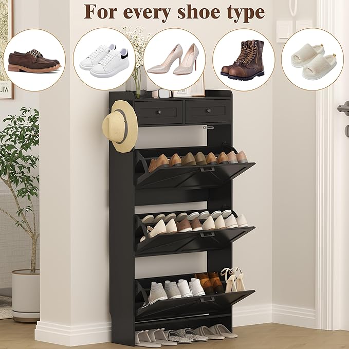 Shoe Cabinet with 3 Flip Drawers & 2 Storage Drawers, Rustic Farmhouse Narrow - Image 8