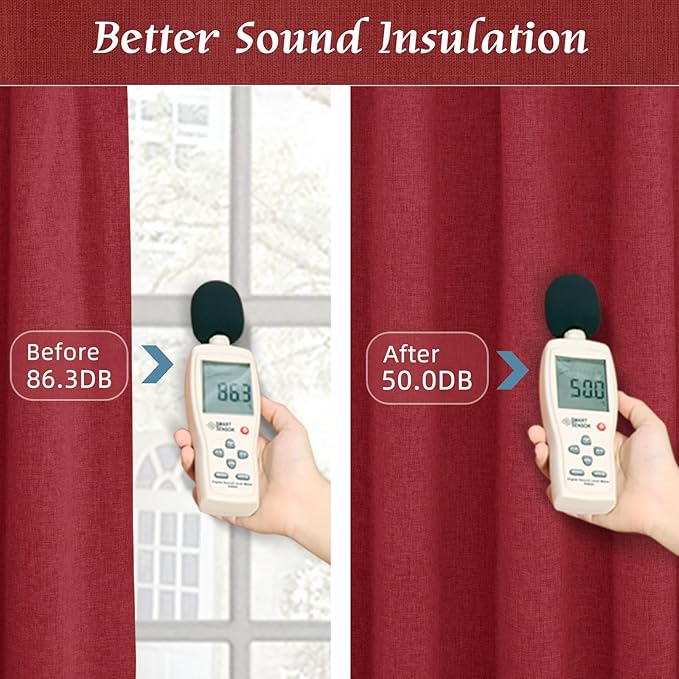 LAMIT Red 100% Blackout Linen Curtains, 63 Inches Linen Textured Thermal - Image 5