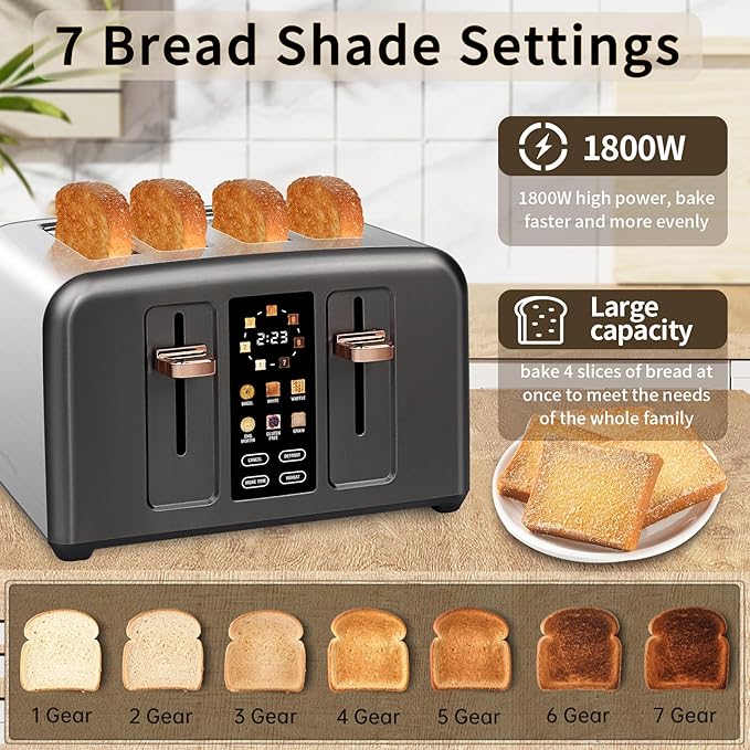 SEEDEEM Toaster 4 Slice, Stainless Toaster & Touch Control, LCD Display - Image 3