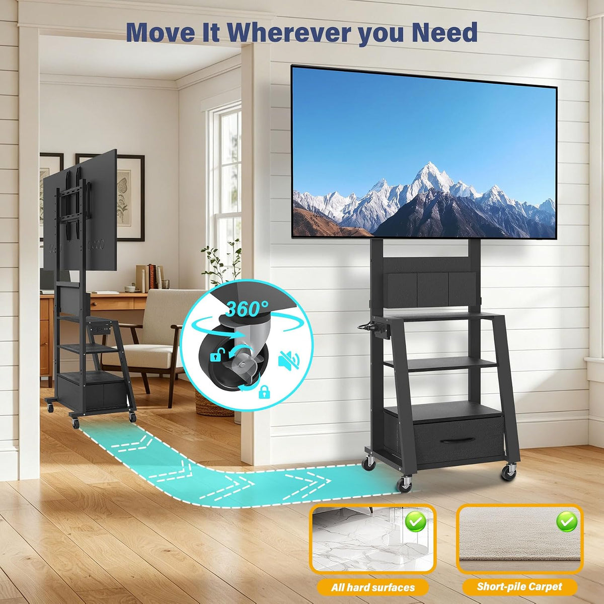 Rolling TV Stand with Power Outlet & 4-Tier Storage for 23"-60"...