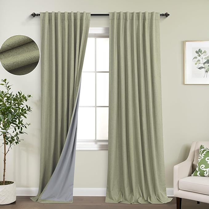 KOUFALL Sage Green Back Tab Linen Blackout Curtains 52x90 Inches Long by KOUFALL