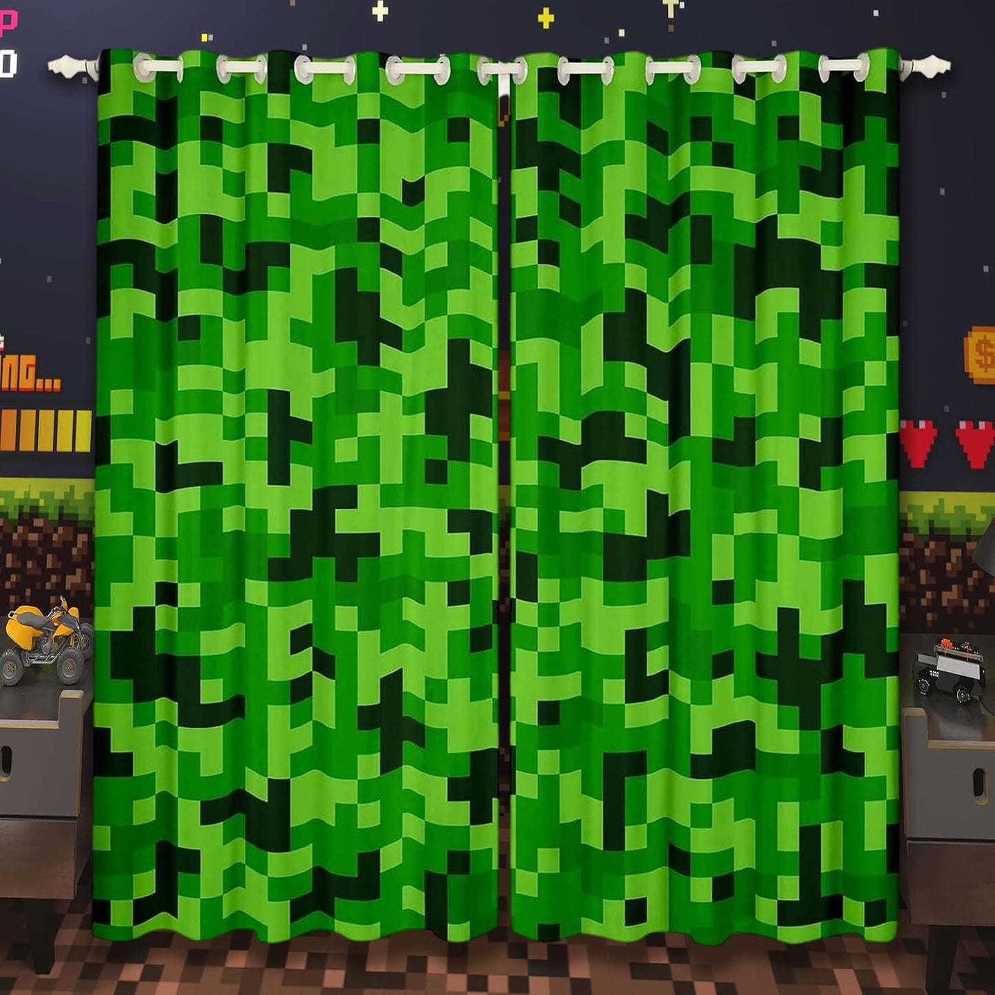 Green Pixelated Miners Curtains for Boys Kid Teens Bedroom Decor,Video Games Window Curtain,Cartoon Gamepad Blackout Window Treatment Curtain Modern Geometric Check Window Drapes,2 Panels,42Wx90L