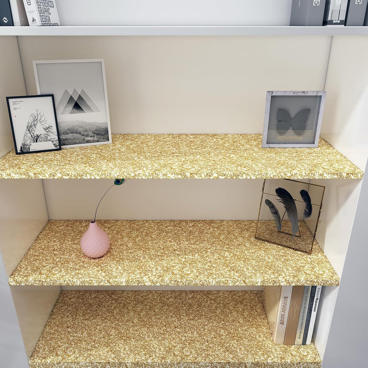 354"x17.7" Glitter Wallpaper Stick and Peel for Bedroom Gold Wallpaper Gold Glitter Wall Paper Removable Wall Covering for Bathroom Sparkle Contact Paper for Cabinets Chunky Sequins Vinyl
