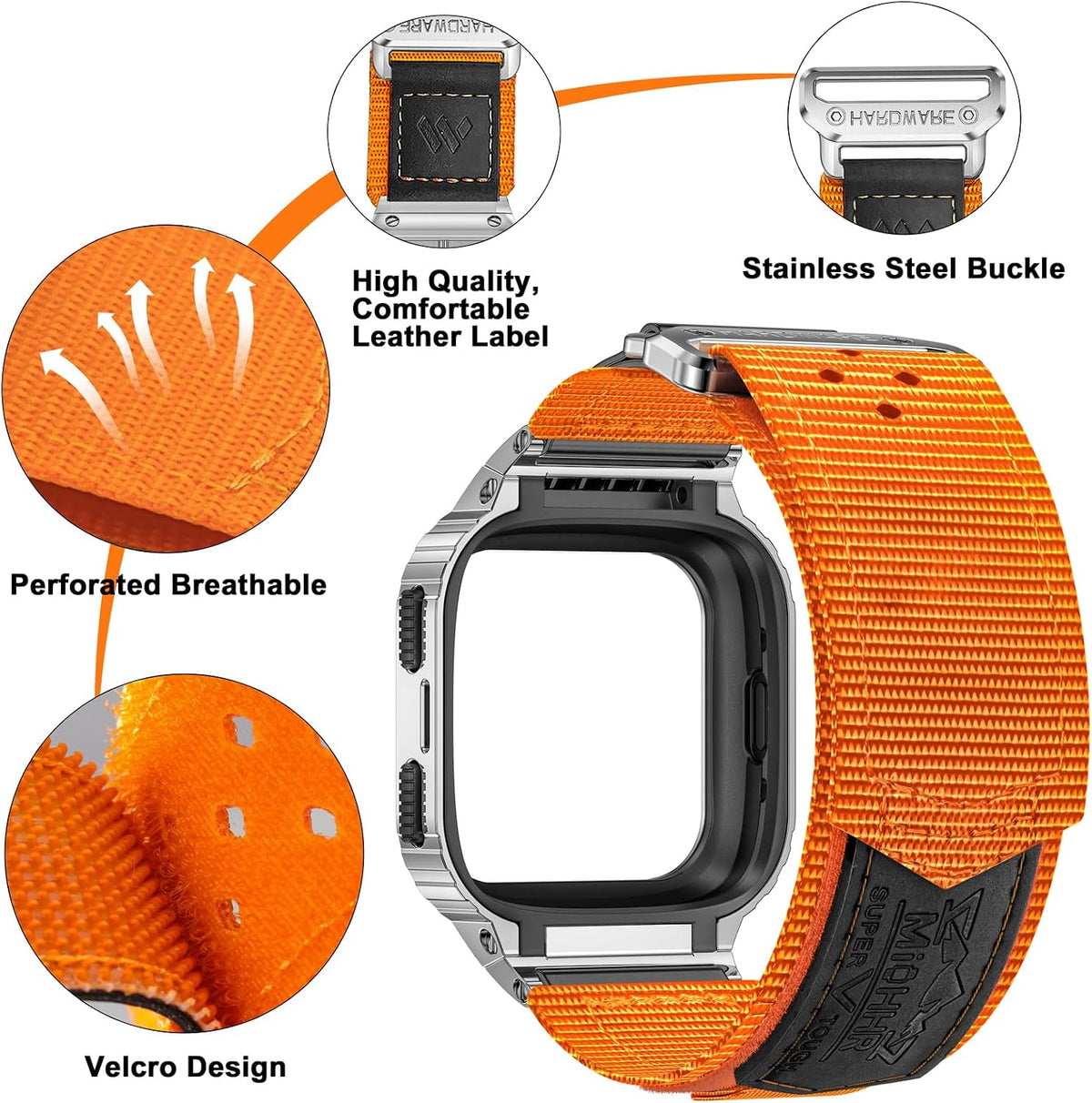 miohhr nylon bands with stainless steel case for, close-up detail